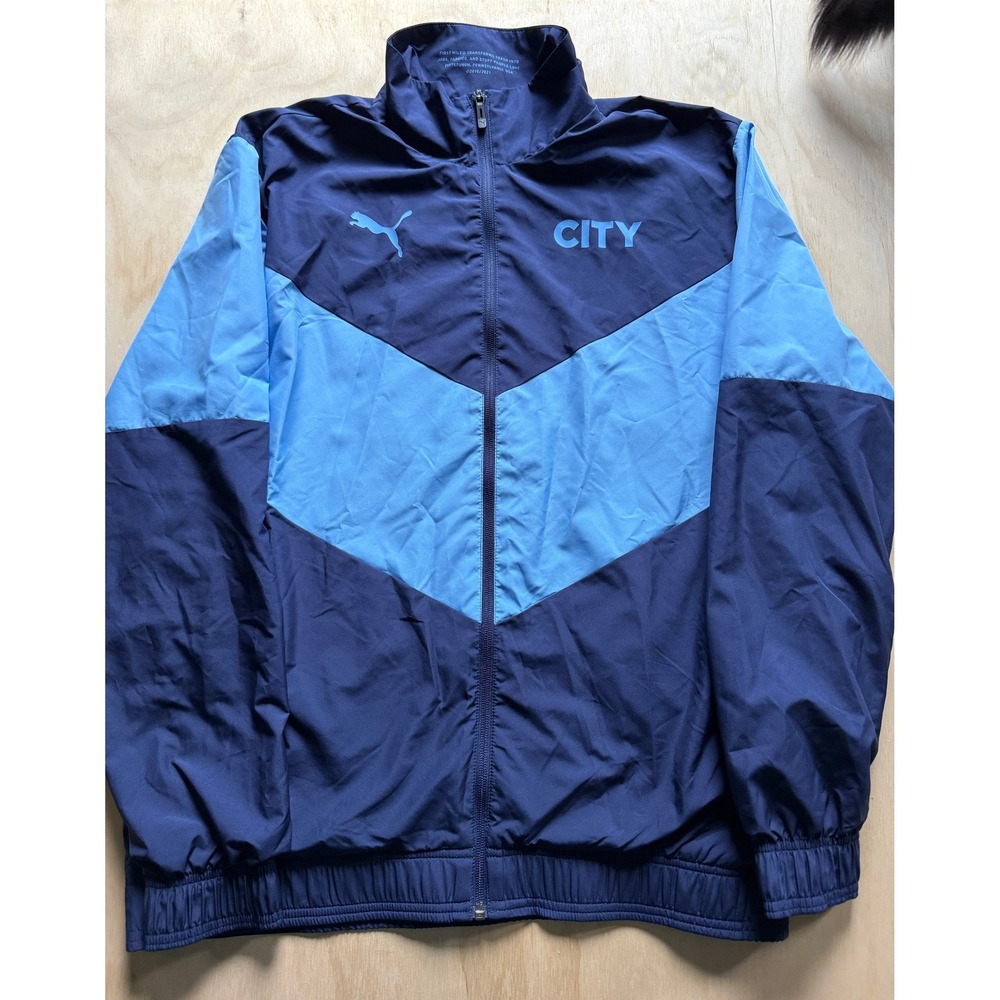 Puma Manchester City FC Windbreaker Jacket Navy Sky Blue Full Zip Mens Large